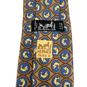 Hermes Mens Tie Dolphins Bronze/Blue/Yellow Silk 911 HA 3 3/8" (W) x 54" (L) euc